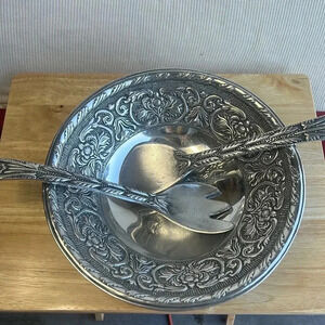 Wilton Armetale VTG Salad Bowl and Serving Utensils Holloware Pewter Heavy